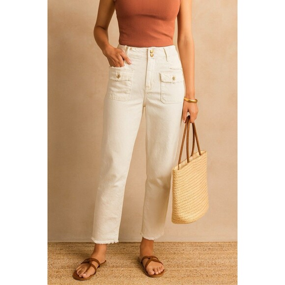 D.Jeans White Stretch Utility Pants Size 8 Mid Rise Straight Leg Repreve Fabric - Picture 1 of 7